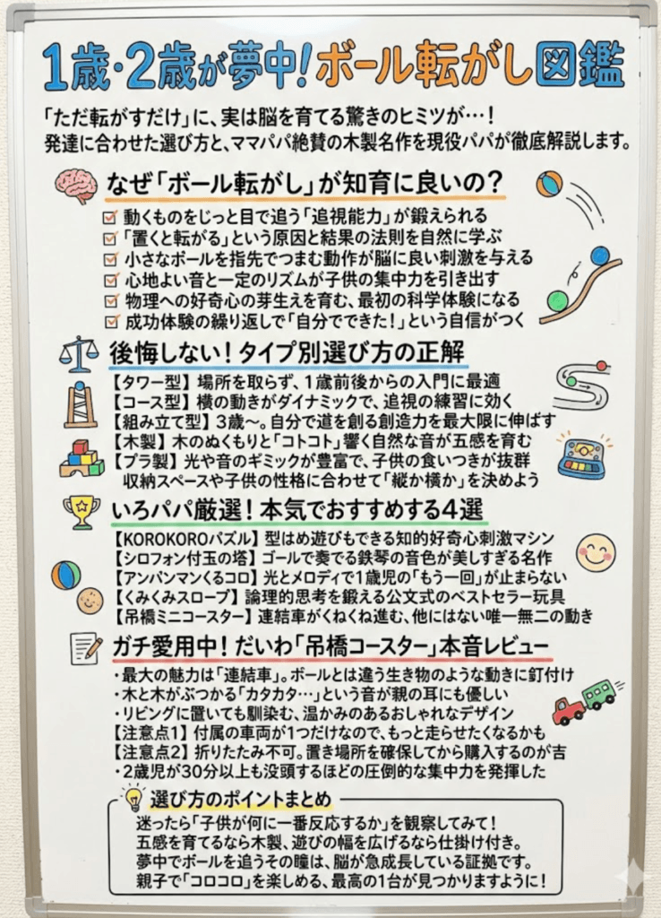 【1歳半・2歳向け】ボール転がしおもちゃ決定版！木製おもちゃのだいわ知育玩具レビューをわかりやすく説明した画像