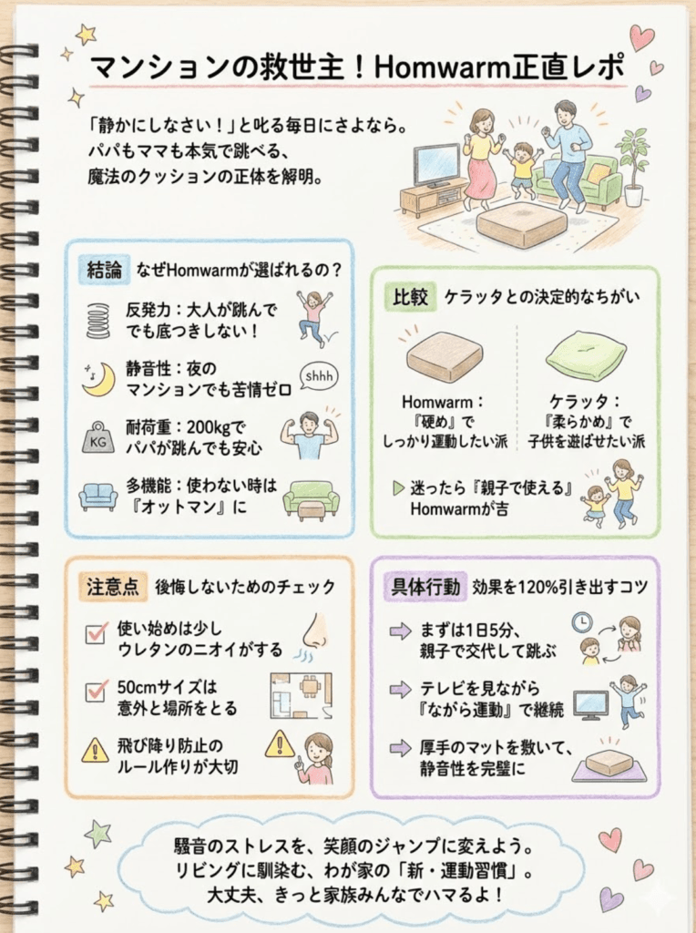 【Homwarmトランポリンクッション口コミ】効果ないは嘘!ケラッタ比較で分かった本当の実力とデメリットをわかりやすく説明した画像