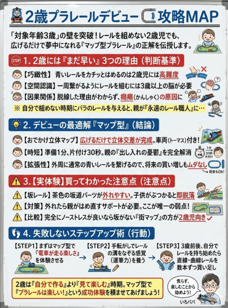 2歳のプラレールデビューは早い？GOGOトーマス立体マップ体験談と、失敗しない選び方【互換性・片付け問題も解決】をわかりやすく説明した画像