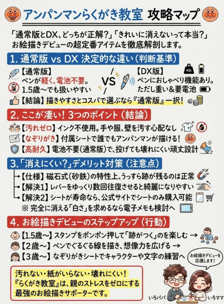 アンパンマン天才脳らくがき教室レビュー！DXのお絵描きボードとの違い・口コミ・シート交換まで徹底解説！をわかりやすく説明した画像