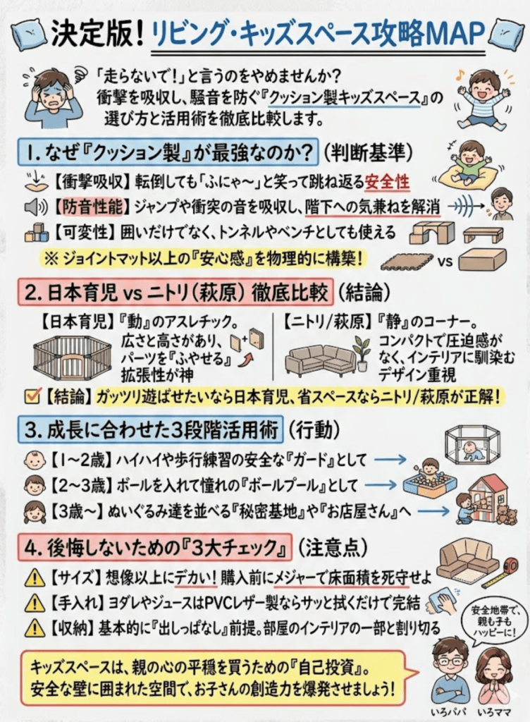 自宅リビングに安全なキッズスペースを作る方法!クッション製が最強!日本育児とニトリを徹底比較レビューをわかりやすく説明した画像