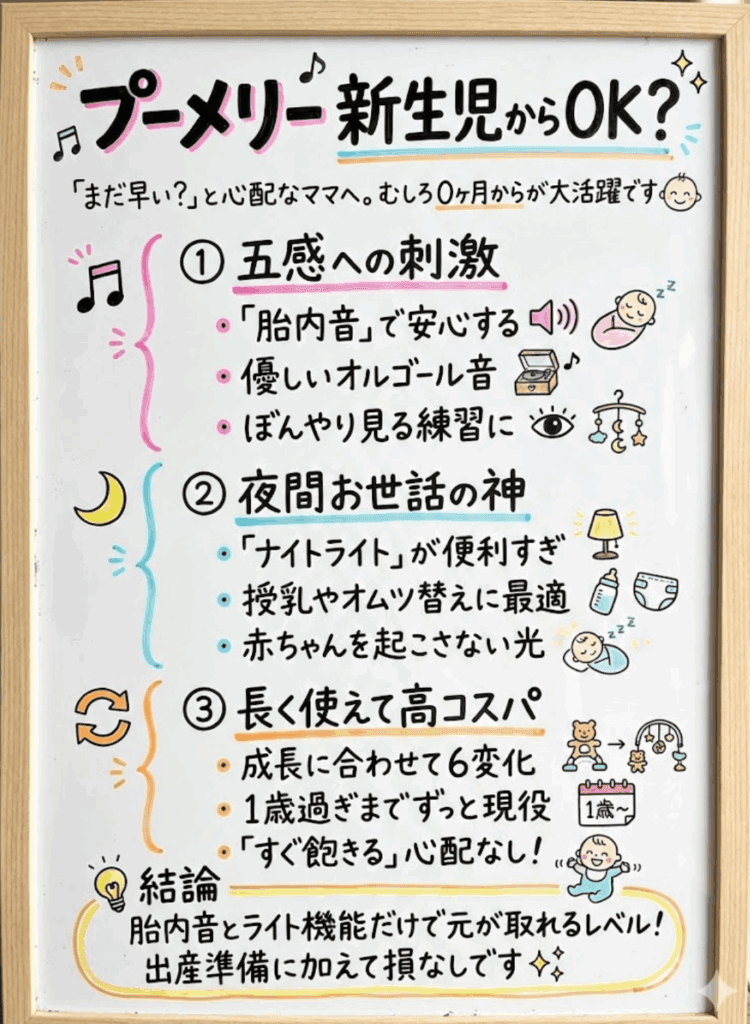 プーメリーは新生児（0ヶ月）からフル活用OK！その理由を分かりやすく説明した図の画像
