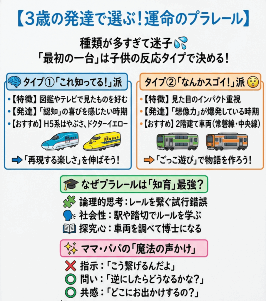 【プラレール選び方ガイド】3歳初心者の最初の一台は？発達段階で選ぶおすすめ人気車両を分かりやすく整理した画像