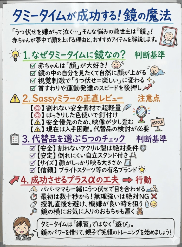 【効果絶大？】タミータイムに鏡は必須！Sassyミラー正直レビュー＆代替案も紹介をわかりやすく説明した画像