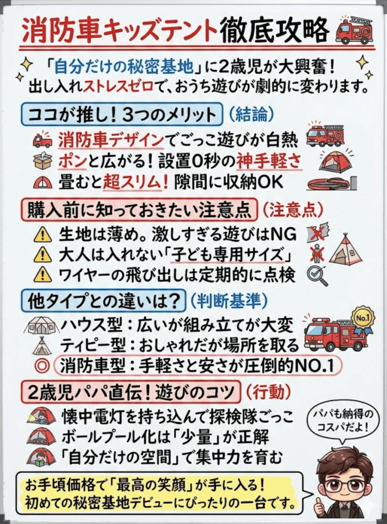 【体験談】消防車キッズテントレビュー｜簡単設置＆収納で2歳児が大興奮！家遊びが変わる秘密基地をわかりやすく説明した画像