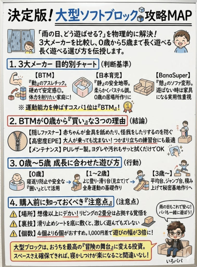 大型ソフトブロックはBTMが最強?0歳からの遊び方と、日本育児との違いを比較【正直口コミ】をわかりやすく説明した画像