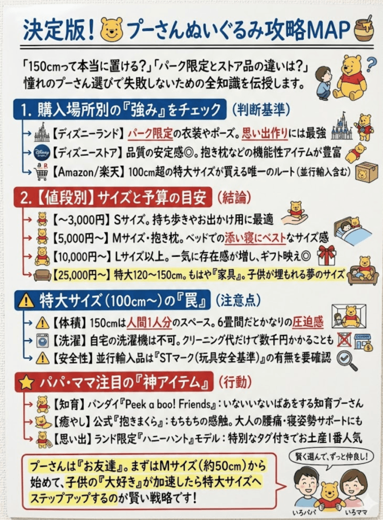 【プーさんぬいぐるみ値段別ガイド】特大150cmから公式抱き枕まで!ディズニーランド限定品も徹底解説をわかりやすく説明した画像