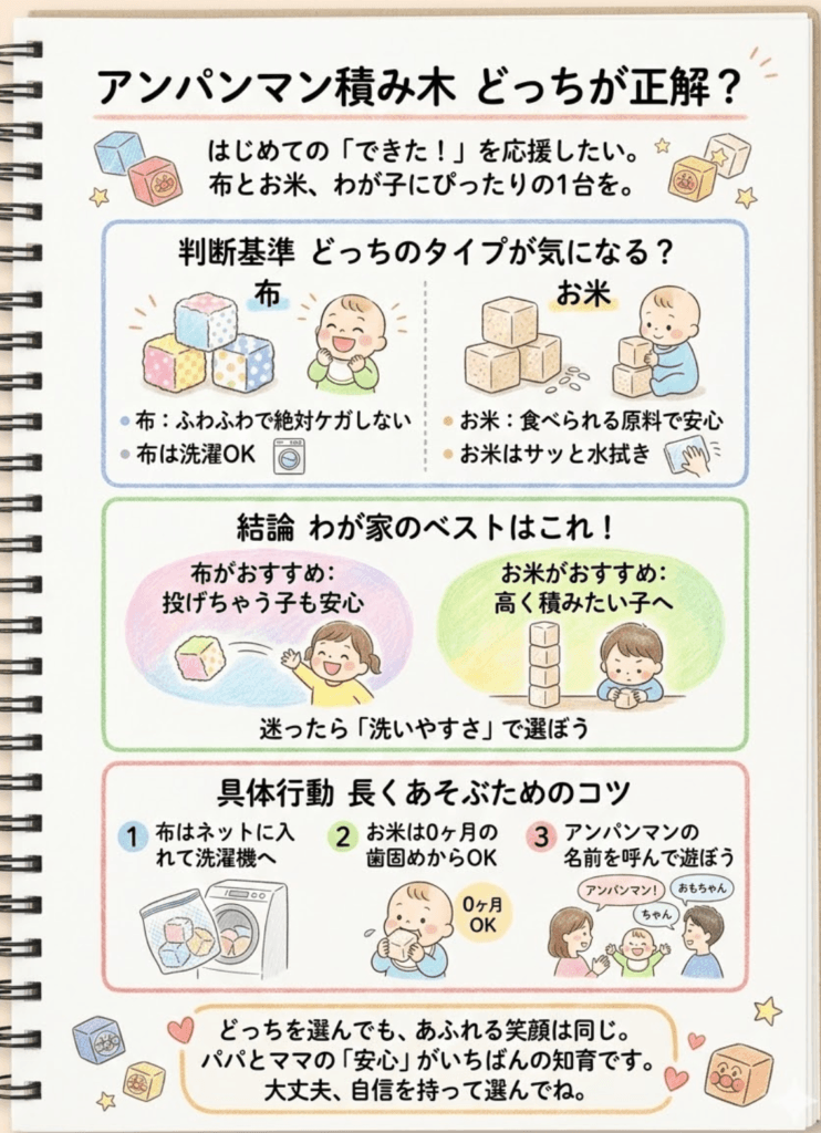 【比較】アンパンマン積み木、布vsお米どっち？洗濯？安全性？最新おすすめ＆やわらかつみきDXレビューをわかりやすく説明した画像