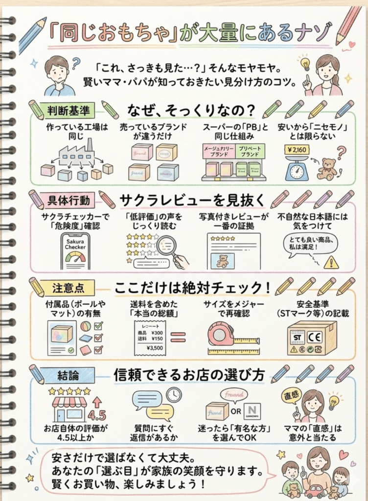 【なぜ？】Amazon/楽天で見かける「同じ商品、違うブランド」の謎！中国製おもちゃで失敗しない賢い見分け方＆選び方をわかりやすく説明した画像