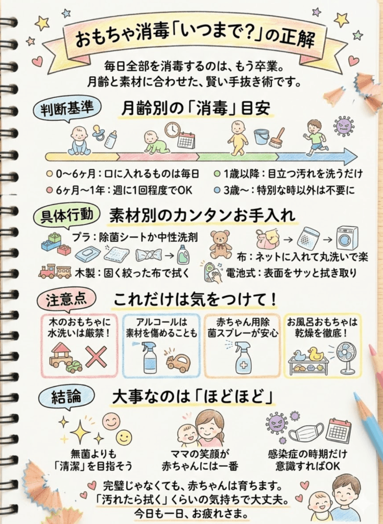 赤ちゃんの『おもちゃ消毒』いつまで必要？頻度・方法・注意点を徹底解説！アルコールはOK？をわかりやすく説明した画像