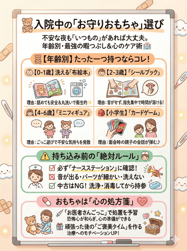 子供が入院中のおもちゃ選び完全ガイド|年齢別(0歳~小学生)おすすめ&病院NG品・暇つぶし術をわかりやすく説明した画像