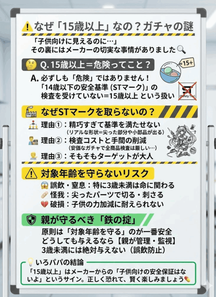 【謎解明】ガチャガチャ「対象年齢15歳以上」の衝撃！子供向けに見えてもNG？理由と守らないリスクを徹底解説！を分かりやすく説明した画像