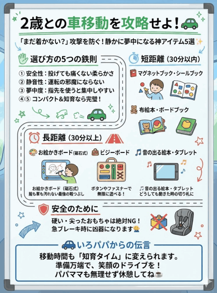 【2歳と旅行】移動中に車の中で遊べるお出かけ用おもちゃ。持ち歩くおもちゃの選び方＆おすすめ5選をわかりやすく説明した画像