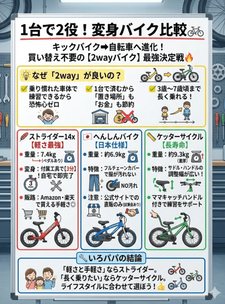 【徹底比較】へんしんバイク vs ストライダー14x！ペダル後付けできる「2wayバイク」のおすすめは？をわかりやすく説明した画像