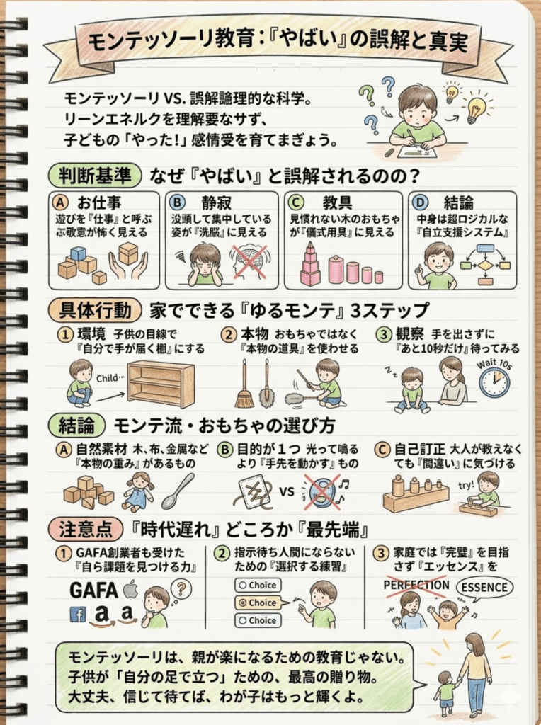 モンテッソーリ教育は「やばい」?誤解と真実|時代遅れ・宗教説を徹底検証!家庭でできる実践法をわかりやすく説明した画像