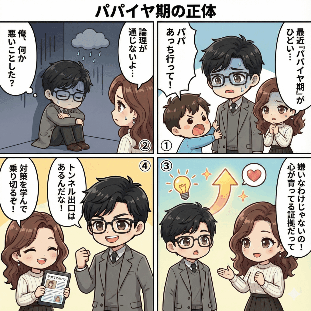 パパイヤ期はいつからいつまで？2歳の「パパ嫌」の原因と対処法の内容をわかりやすく説明した4コマ漫画画像