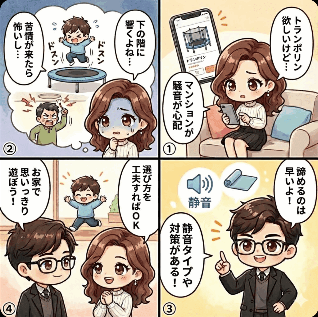 【マンションのトランポリン騒音対策】決定版！3歳息子と実践中の静音術＆おすすめモデルの記事の4コマ漫画説明画像