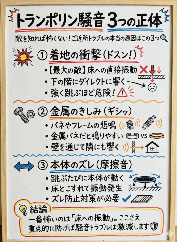 なぜそんなに気になるの？トランポリンの「音」と「振動」の正体を知って、的確に対策しよう！をわかりやすく説明した画像