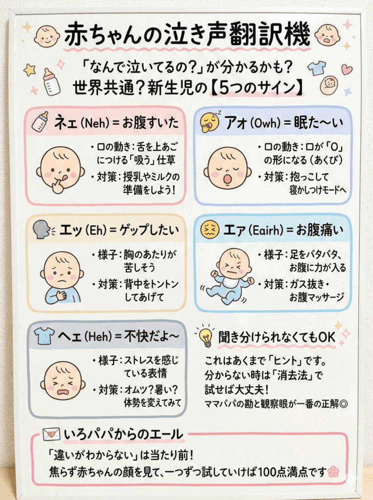 【聞き分けチャレンジ！】赤ちゃんの泣き声、パターンで原因が分かるってホント？を纏めてわかりやすく説明した画像