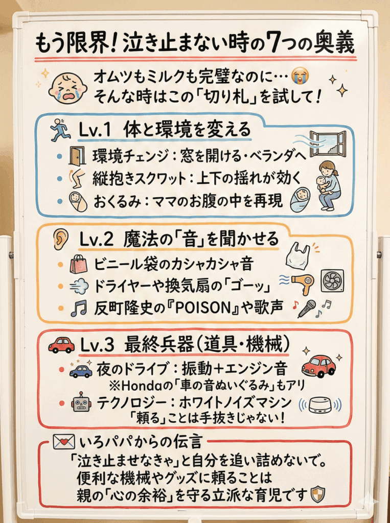 【最終手段】どうしても泣き止まない！親の心を救う“駆け込み寺”アイデア7選をわかりやすく説明した画像
