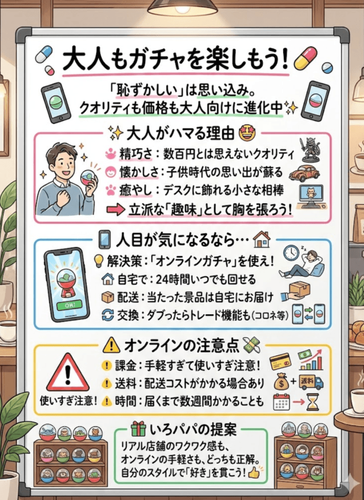 【大人だってガチャガチャ！】「恥ずかしい」気持ち、卒業！オンラインガチャの魅力＆おすすめ紹介をわかりやすく説明した画像