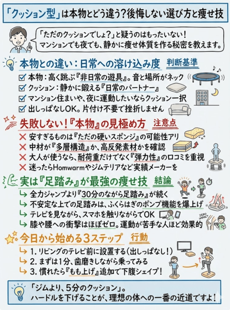 トランポリンクッション徹底比較！本物との違いは？効果的な使い方と「足踏み」だけでも痩せるのか検証をわかりやすく説明した画像