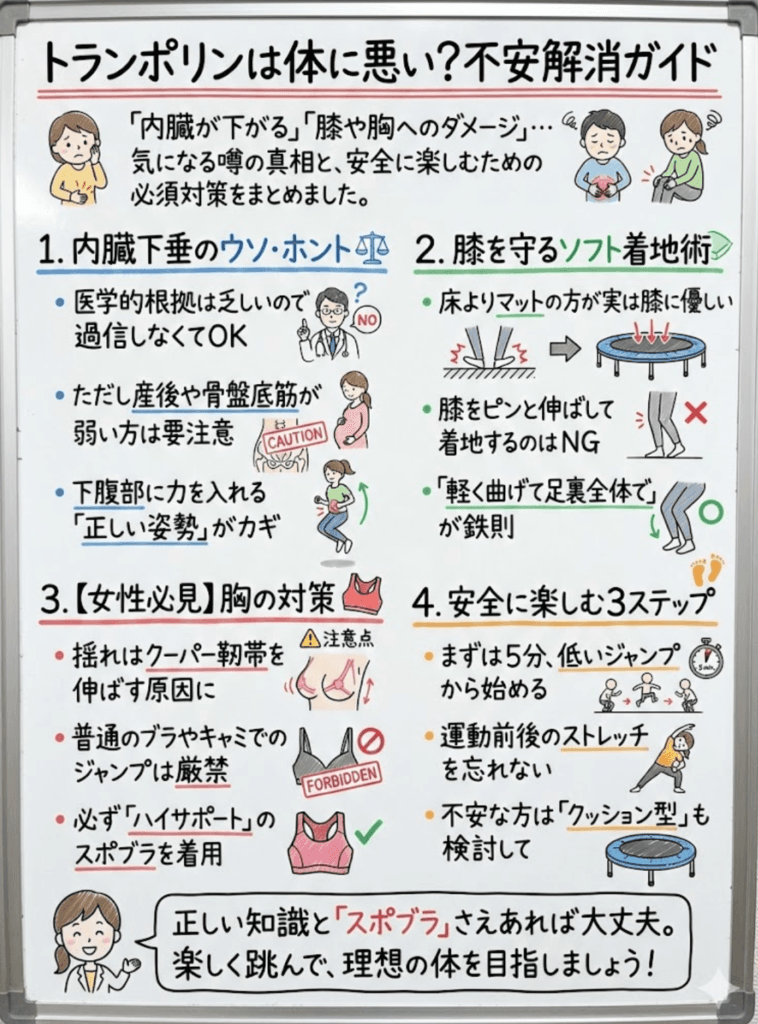 トランポリンは体に悪い?内臓下がる/膝痛/胸の対策まで徹底解説【不安解消ガイド】をわかりやすく説明した画像