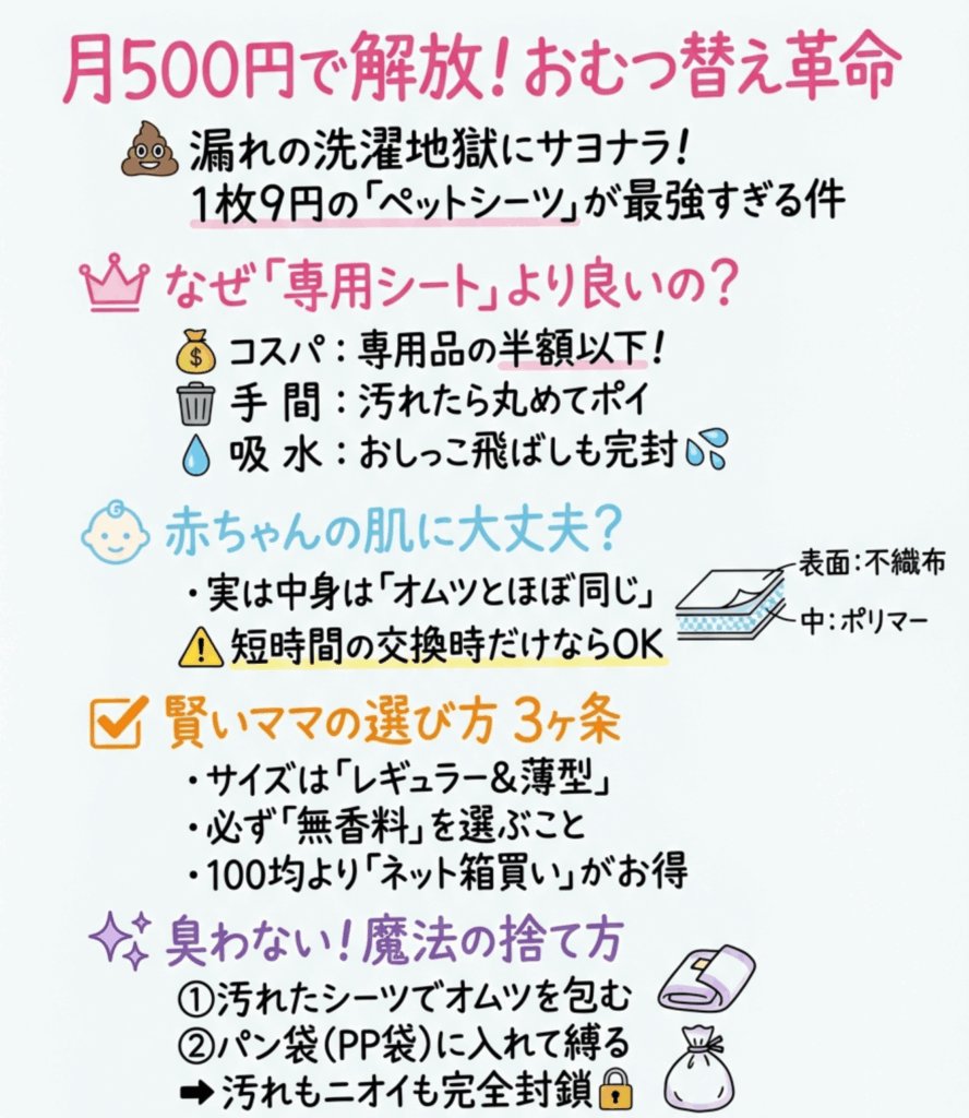 赤ちゃんにペットシーツ！コスパ最強！汚れない！おむつ替えシート代わりに寝かせる安全性も説明を分かりやすく整理した画像