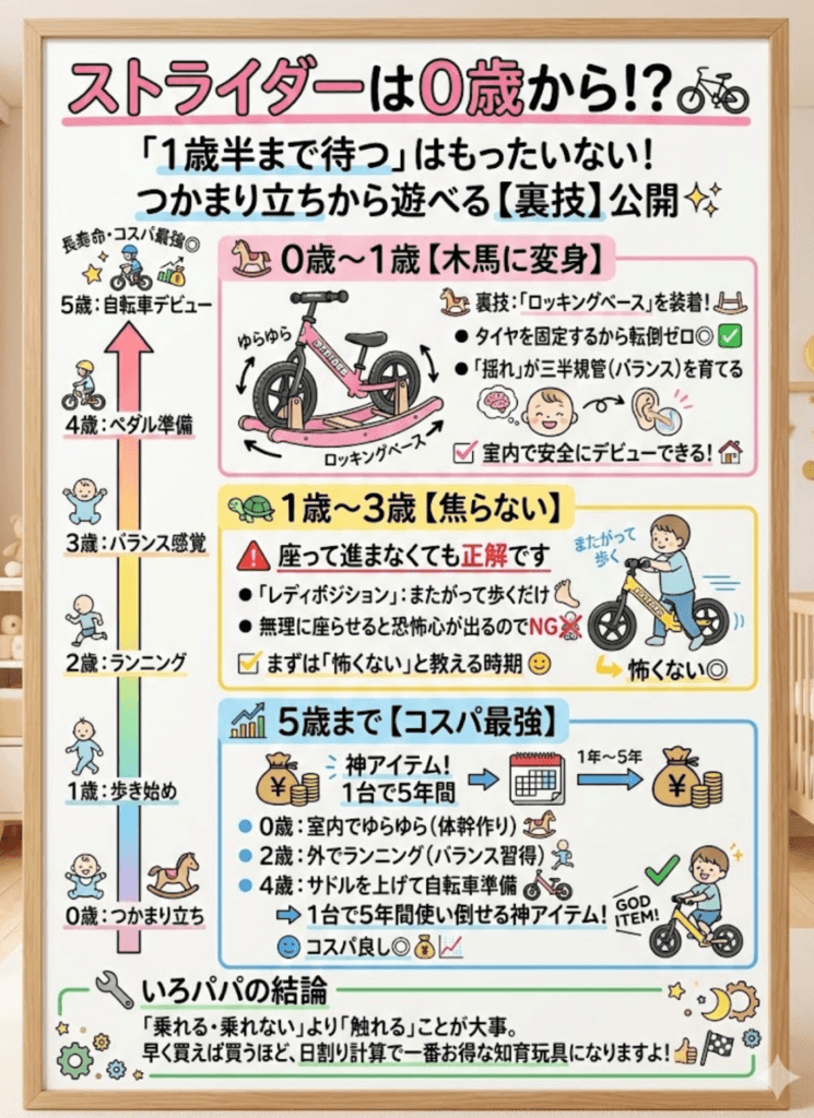 【ストライダー何歳から？】1歳半は早い？「0歳から乗れる」裏技と2歳デビューで失敗しないコツをわかりやすく説明した画像