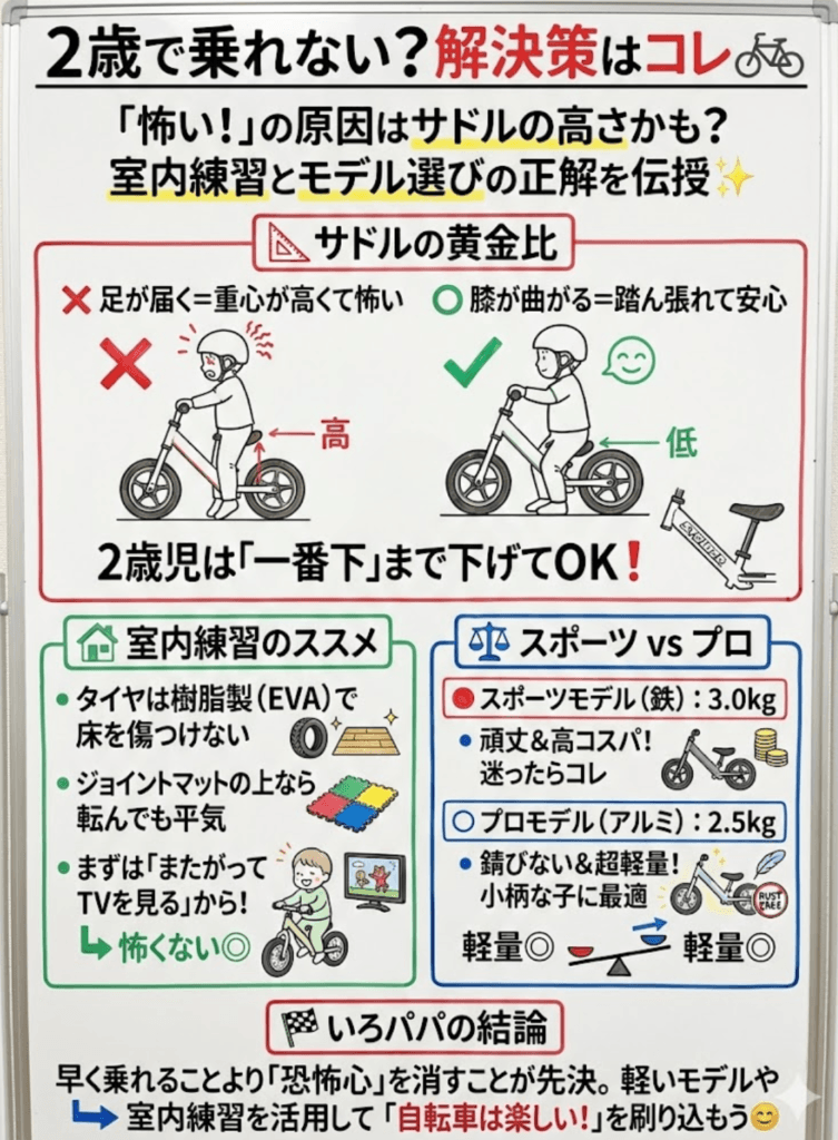 【2歳】乗れない原因は「サドル」にある？とストライダースポーツとプロの違いをわかりやすく説明した画像