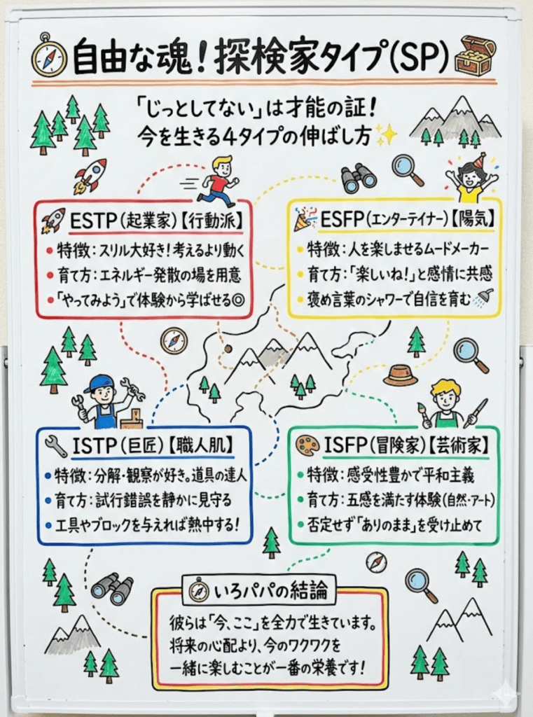 【MBTI子供版】探検家タイプ(ESTP/ESFP/ISTP/ISFP)の特徴と育て方|自由?感覚派?個性を活かすヒント