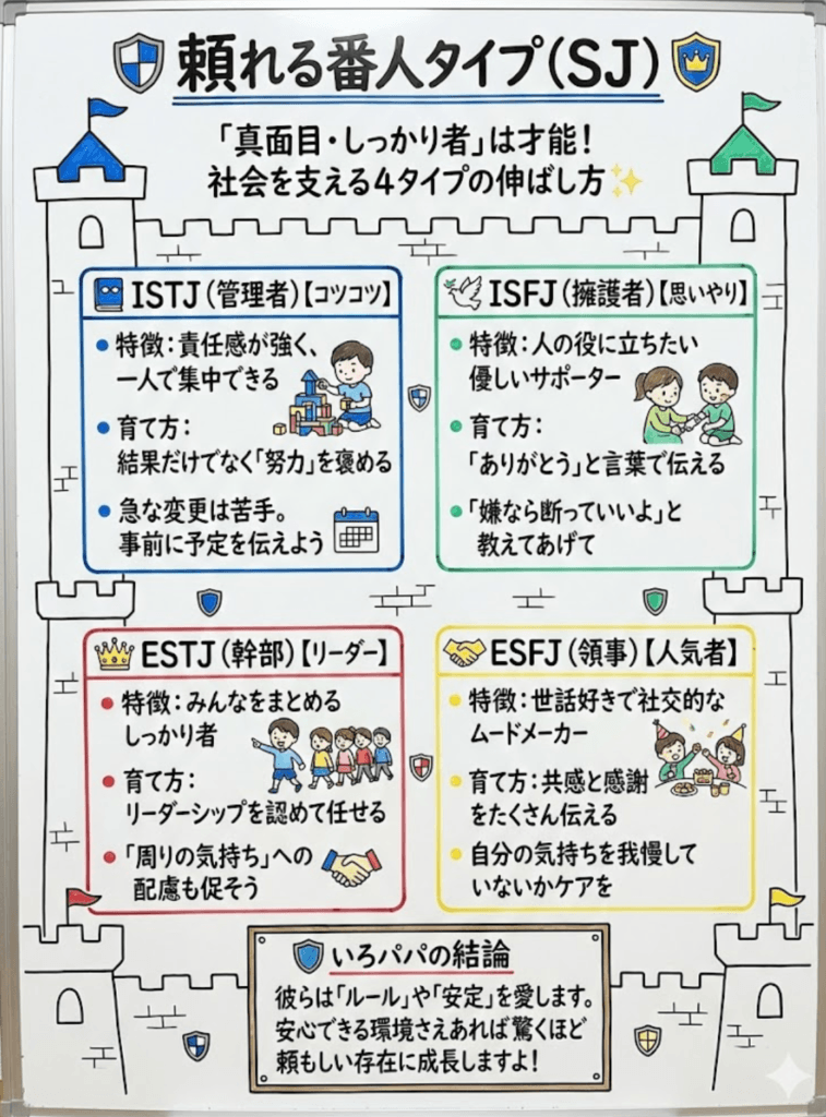 【MBTI子供版】番人タイプ(ISTJ/ISFJ/ESTJ/ESFJ)の特徴と育て方のヒント｜真面目、優しい、しっかり者…個性を伸ばす関わり方をわかりやすく説明した画像