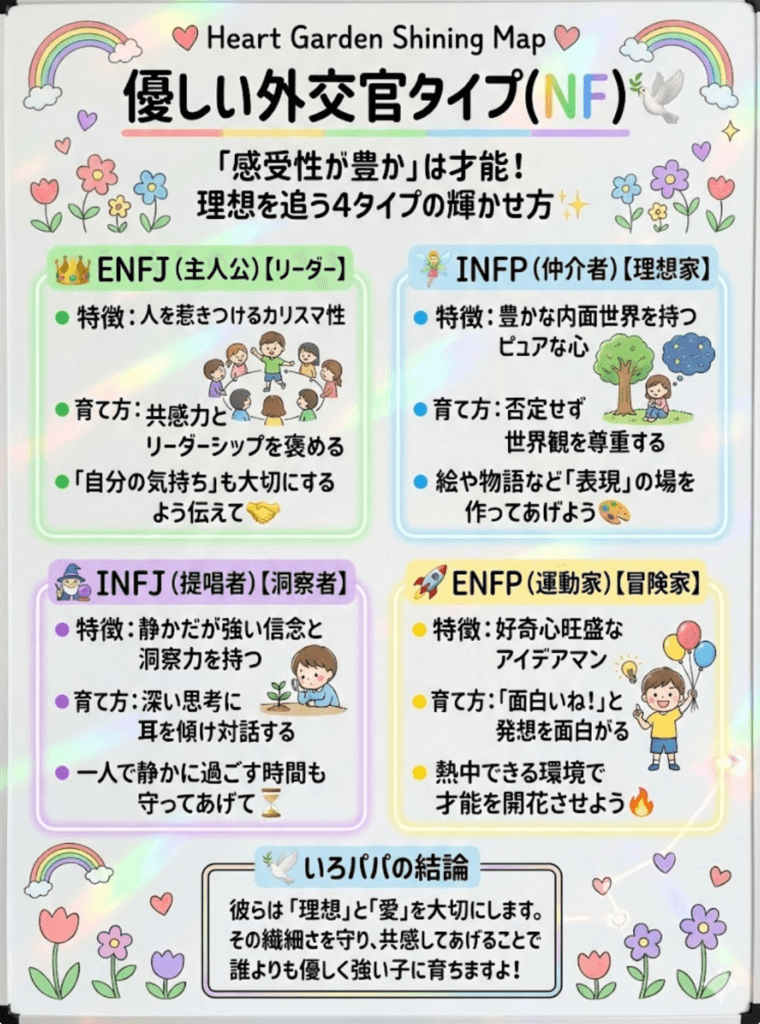【MBTI子供版】外交官タイプ(ENFJ/INFP/INFJ/ENFP)の特徴と育て方｜優しい？夢見がち？個性を輝かせるヒントをわかりやすく説明した画像
