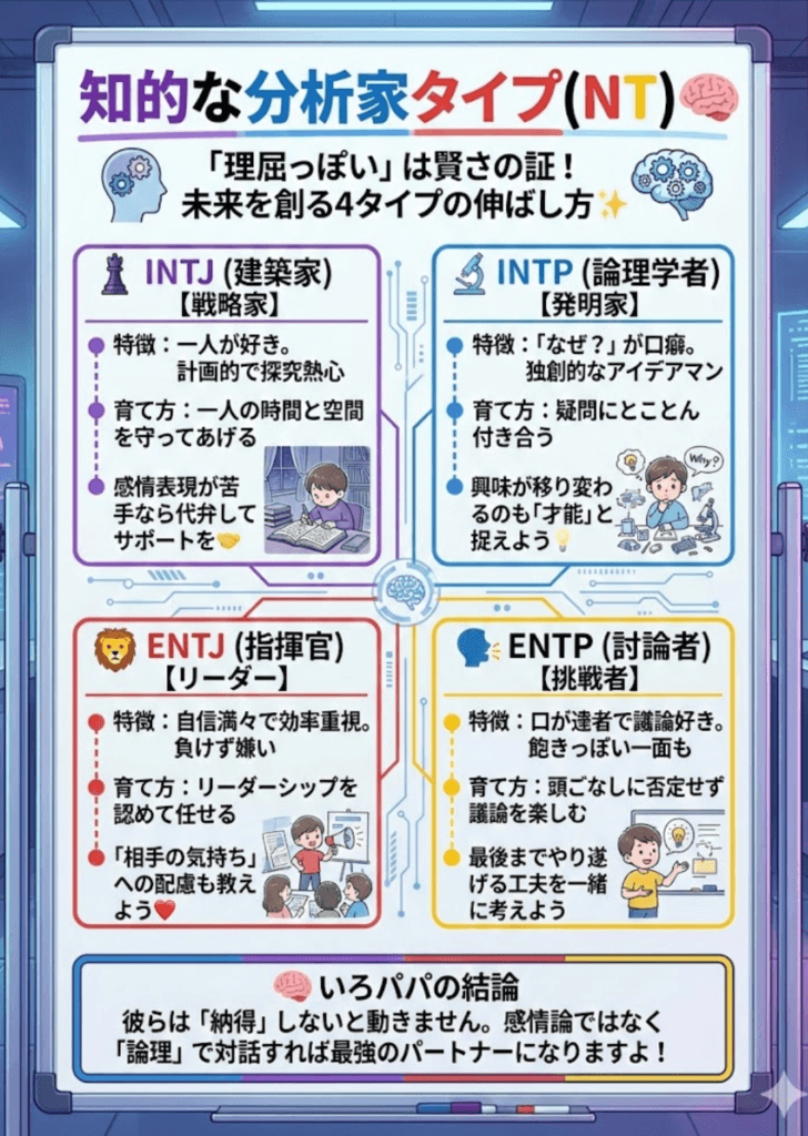 【MBTI子供版】分析家タイプ(INTJ/INTP/ENTJ/ENTP)の特徴と育て方｜知的？クール？個性を伸ばす関わり方をわかりやすく説明した画像