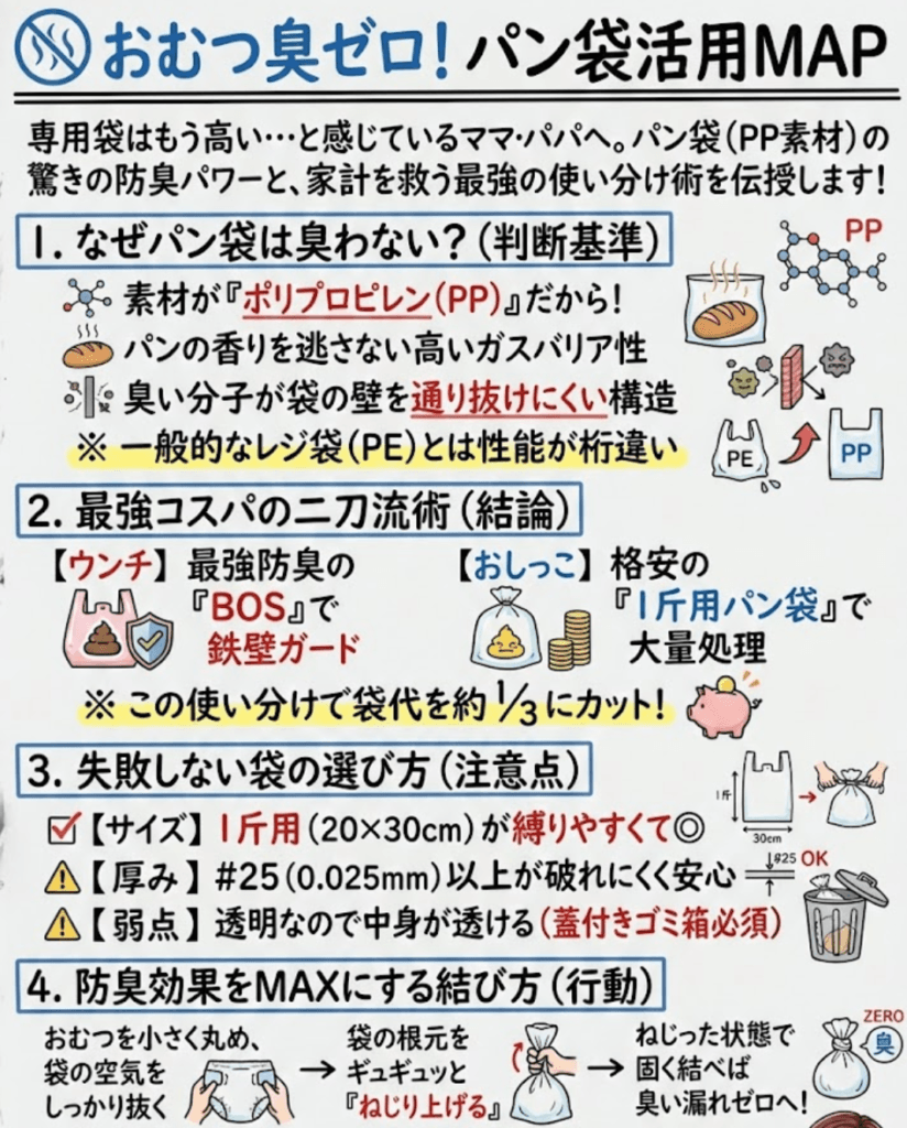 【パン袋でおむつ】サイズ選びの正解はコレ!HEIKO半斤・1斤の容量比較と臭わない最強コスパ術をわかりやすく説明した画像