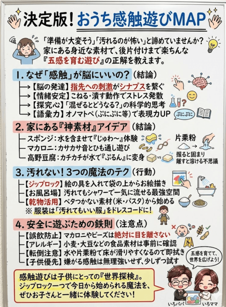 【感触遊び決定版】スポンジ/マカロニ/風船/プチプチ/高野豆腐/絵の具まで!汚れない&簡単アイデア集をわかりやすく説明した画像