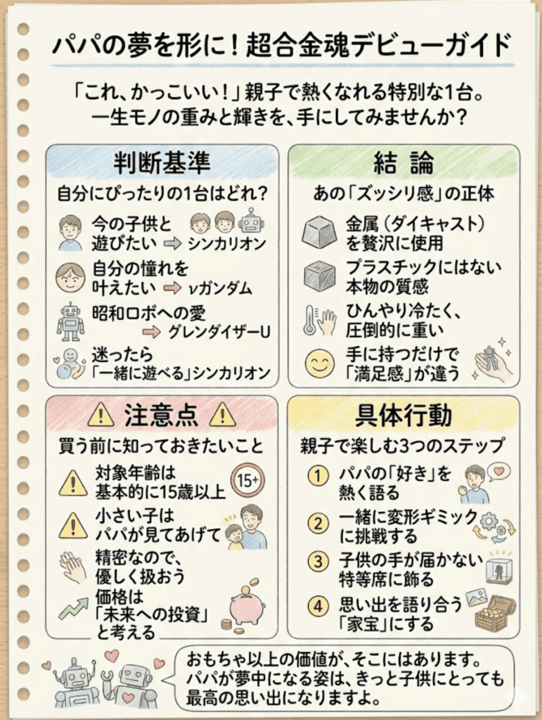 【超合金魂おすすめ2026】初めての1台はコレ！シンカリオン・νガンダム・グレンダイザーをパパ目線で徹底比較をわかりやすく説明した画像