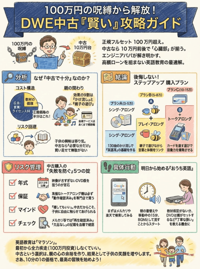DWE中古で十分?3年使った結論と失敗しない購入プラン3選【ぶっちゃけレビュー】をわかりやすく説明した画像