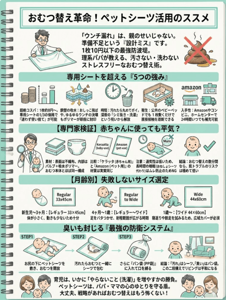 content:  title: "おむつ替え革命！ペットシーツ活用のススメ"  intro: |    「ウンチ漏れ」は、親のせいじゃない。    準備不足という『設計ミス』です。    1枚10円以下の最強防波堤。    理系パパが教える、汚さない・洗わない    ストレスフリーなおむつ替え術。  sections:    - category: "分析"      title: "専用シートを超える『5つの強み』"      items:        - "超絶コスパ：1枚約8円〜。専用シートの1/3の価格で『迷わず使い捨て』が可能"        - "鉄壁の吸水：おしっこ飛ばしや、ゆるゆるウンチの決壊もポリマーが即座に封印"        - "時短：汚れたら丸めてポイ。深夜の『シミ抜き・洗濯』という呪いから解放"        - "衛生：公共のベビーベッドでも1枚敷くだけで直接接触を遮断できる"        - "入手性：Amazonやコンビニ、ホームセンターで24時間いつでも補充可能"    - category: "安全性"      title: "【専門家検証】赤ちゃんに使っても平気？"      items:        - "素材：表面は不織布、内部はパルプ＋吸水ポリマー。おむつ本体とほぼ同一構成"        - "比較：『ケラッタ（赤ちゃん用）』と『Amazon（ペット用）』の材質は実質同じ"        - "注意：通気性は低いため、長時間の睡眠（おねしょシーツ代わり）はムレ防止のためNG"        - "結論：おむつ替えの数分間なら、肌トラブルのリスクは極めて低い"    - category: "比較"      title: "【月齢別】失敗しないサイズ選定"      items:        - "新生児〜3ヶ月：【レギュラー 33×45cm】。体が小さく、動きも少ないため十分"        - "4ヶ月〜1歳：【レギュラー〜ワイド】。足をバタつかせ、射程範囲が広がる時期"        - "1歳〜：【ワイド 44×60cm】。寝返りや脱走を試みるため、広域カバーが必須"    - category: "戦略"      title: "臭いも封じる『最強の防衛システム』"      items:        - "STEP1：お尻の下にペットシーツを敷き、おむつを開放"        - "STEP2：汚れたらおむつと一緒にシーツで包む"        - "STEP3：さらに『パン袋（PP袋）』に入れて口を縛る"        - "結論：『汚れ』はシーツ、『臭い』はパン袋。この二段構えでリビングは平和になる"  summary: |    育児は、いかに「やらないこと（洗濯）」を増やすかの勝負。    ペットシーツは、パパ・ママの心のゆとりを守る盾。    大丈夫、戦略があればおむつ替えはもう怖くない！
