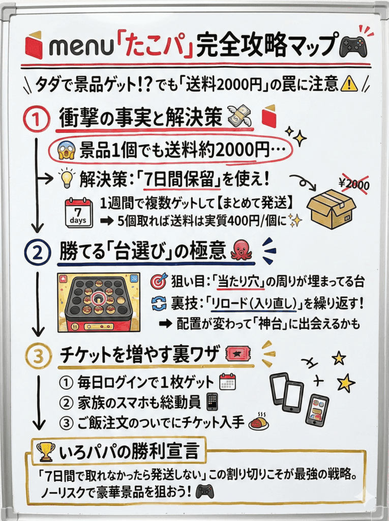 【menuたこ焼きパーティー攻略法】フリーチケットで景品ゲット！高額送料を回避する裏ワザ徹底解説を分かりやすく説明した画像