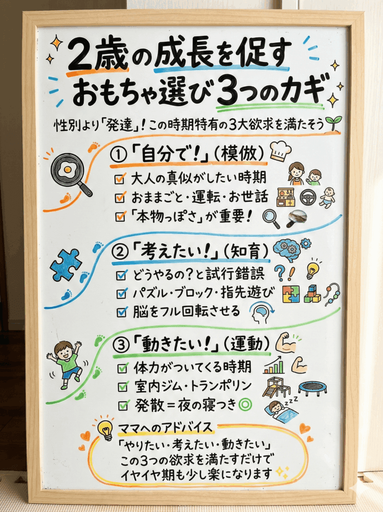 2歳のおもちゃ選び｜「心と体の成長」を促す3つのカギをわかりやすく説明した図解画像