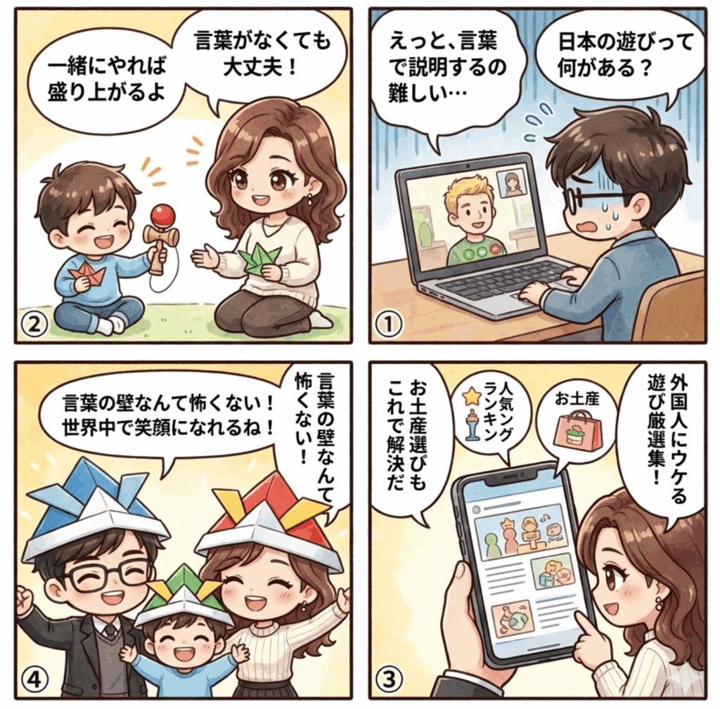 海外でウケる日本の遊び決定版！外国人に喜ばれる伝統玩具＆ゲーム一覧｜子供も大人も笑顔に！の記事の内容を説明した4コマ漫画の画像