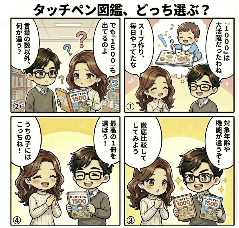 【はじめてずかん1000vs1500徹底比較】1歳から3歳息子が愛用！違いと選び方を口コミ本音レビューの概要を説明した4コマ画像