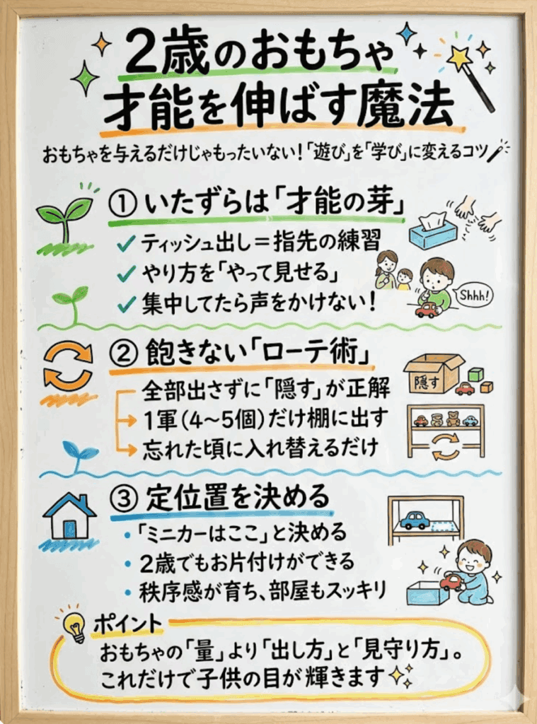 2歳のおもちゃ選び、さらに深掘り！「遊び」を「学び」に変える魔法の章の内容を分かりやすくまとめた画像