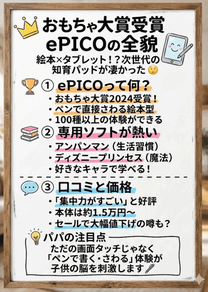 【ePICO(イーピコ)口コミ】おもちゃ大賞受賞の実力は？大幅値下げ・ソフト・対象年齢まで徹底解説！を分かりやすく整理した画像