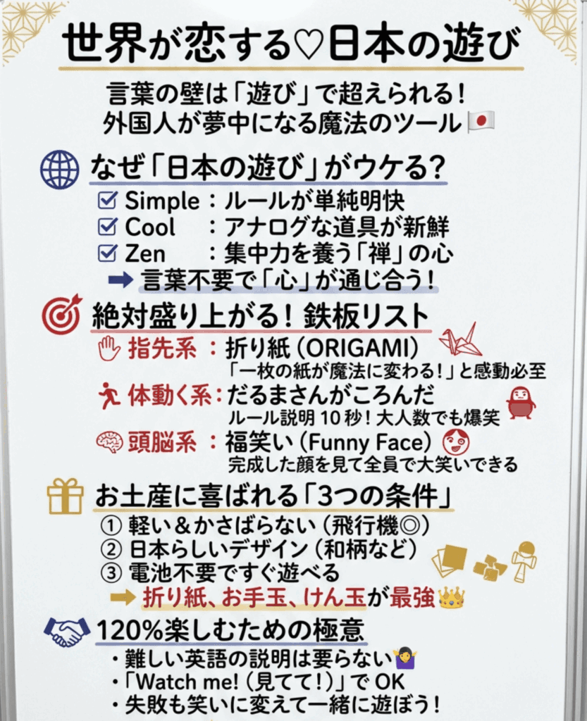 海外でウケる日本の遊び決定版！外国人に喜ばれる伝統玩具＆ゲーム一覧｜子供も大人も笑顔に！の記事を整理してわかりやすく説明した画像