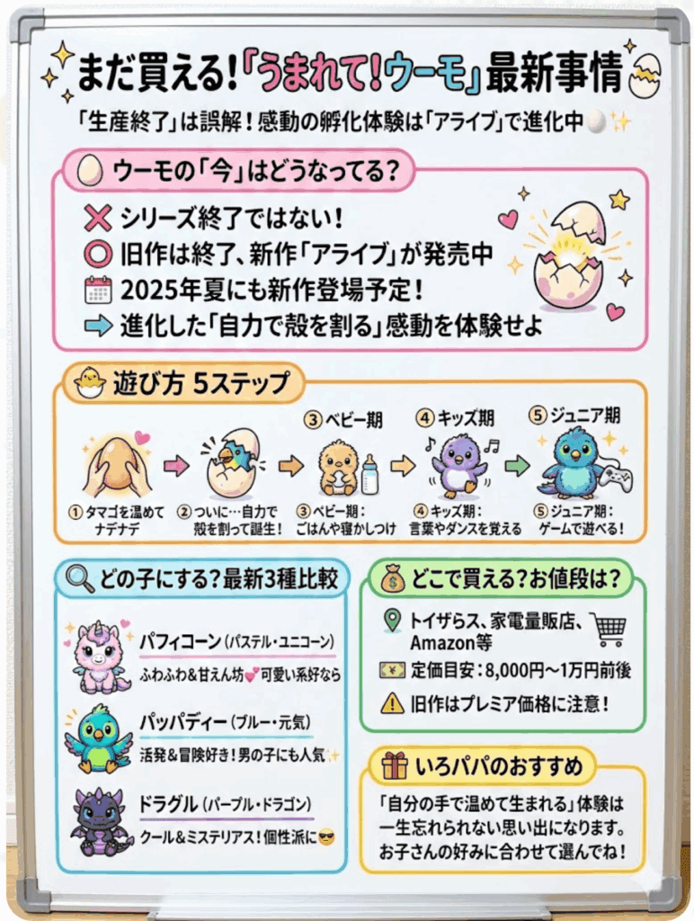 【うまれてウーモ最新情報】アライブ3種比較＆新作も！生産終了の噂と遊び方・値段まで徹底解説をわかりやすく説明した画像