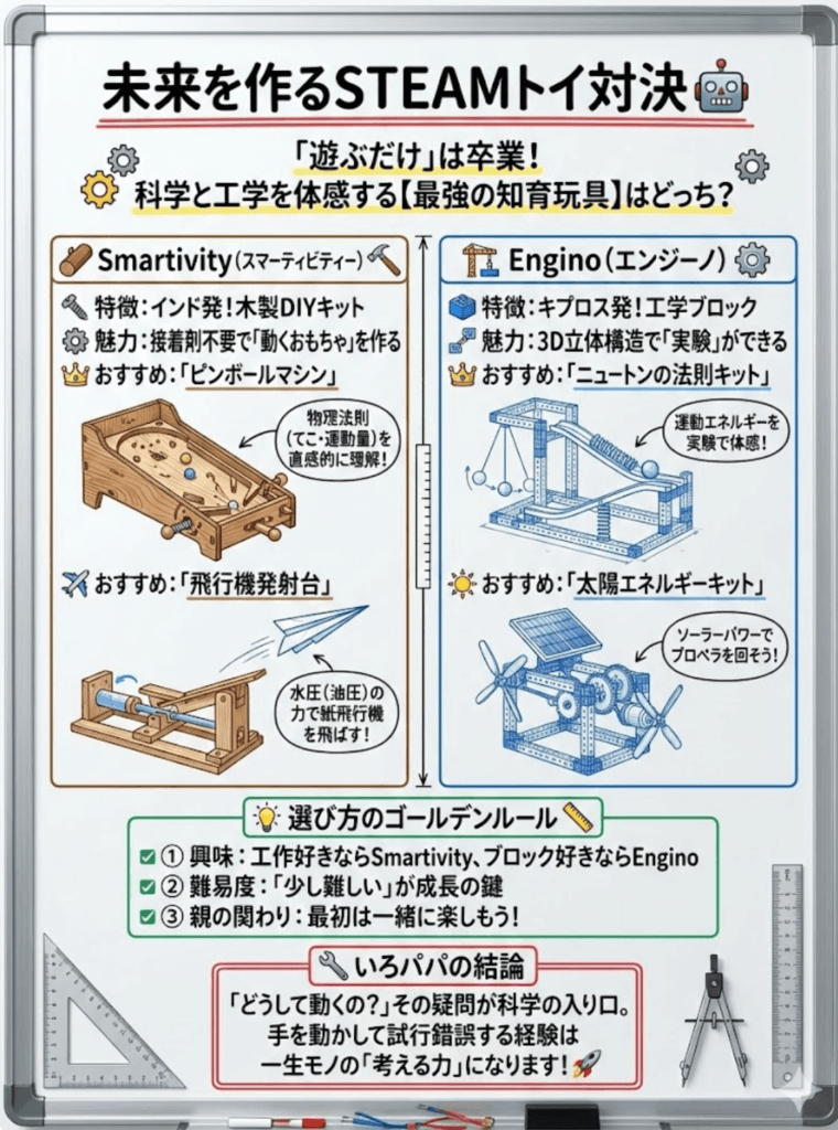 【スマーティビティーvsエンジーノ】STEAM知育玩具徹底比較！小学生が夢中になるおすすめ6選｜ピンボール・飛行機・宇宙も学べる！をわかりやすく説明した画像