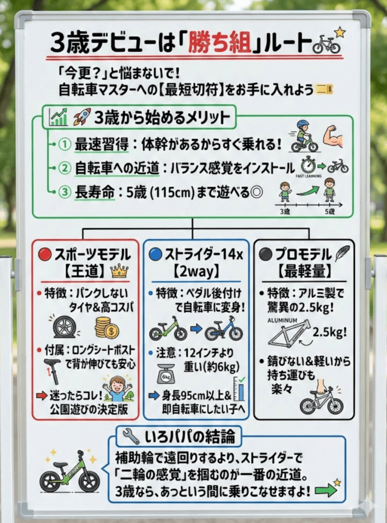 3歳からストライダーは遅い？「今更」と迷う親へ。スポーツやプロモデルの違いと自転車への最短ルートをわかりやすく説明した画像