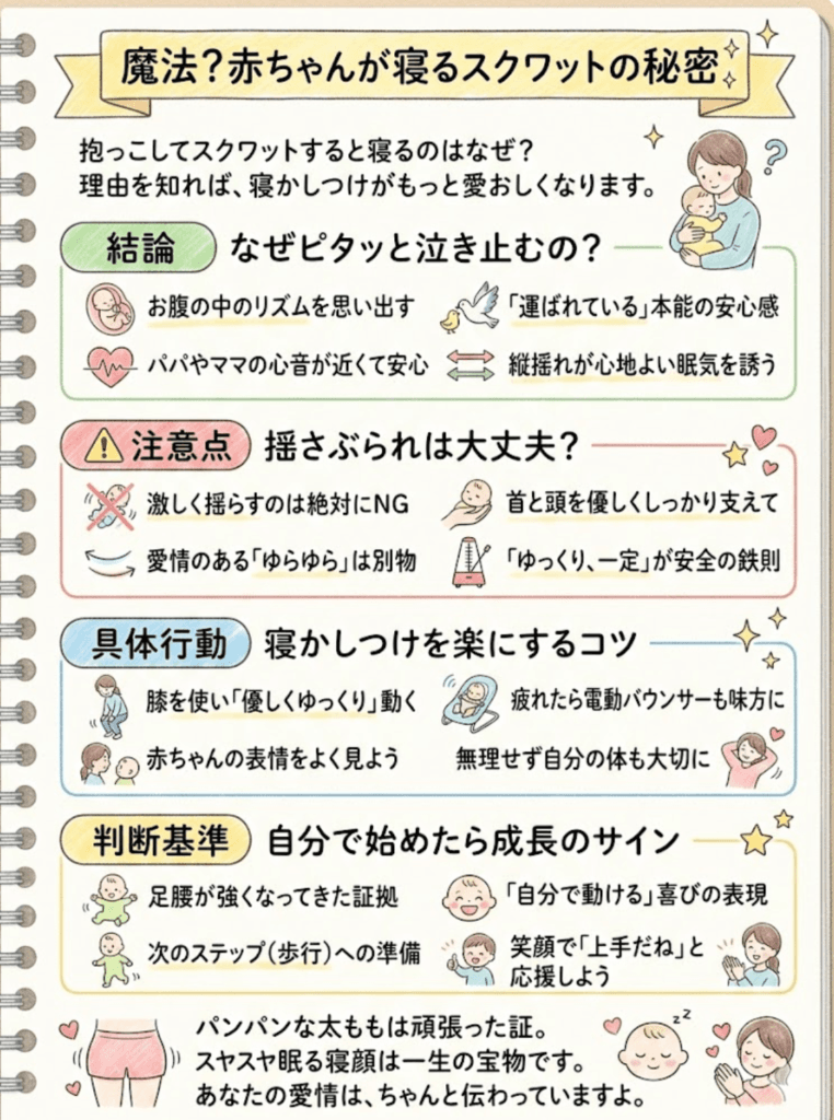 【赤ちゃんスクワット寝かしつけの謎】なぜ泣き止む？いつまで？揺さぶられは大丈夫？輸送反応も解説！をわかりやすく説明した画像
